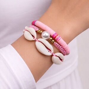 Pink Boho Shell & Heishi Bead Bracelet Set